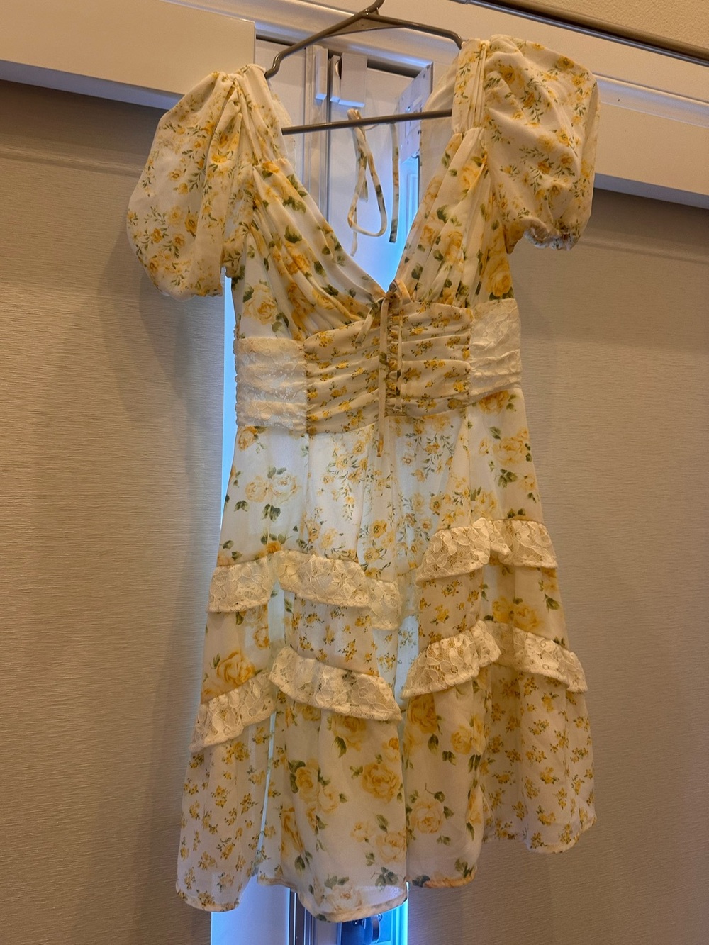 Altar'd State Yellow Floral Puff-Sleeve Mini Dress
